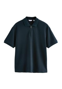 Mørkeblå kortærmet polo med halvlukket krave og struktureret stof. Har en afslappet pasform og et minimalistisk design.