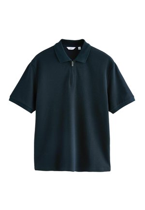 Dark navy short-sleeve polo shirt with a half-zip collar and textured fabric. Features a relaxed fit and minimalistic design.