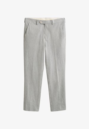 Lysegrå seersucker bukser med frontlommer, bæltestropper og knaplukning i taljen, vist fladt.
