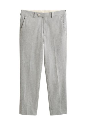 Hellgraue Seersucker-Hose mit Vordertaschen, Gürtelschlaufen und Knopfverschluss an der Taille, flach liegend dargestellt.