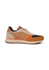 Sneakers featuring a mix of tan, brown, and orange suede and mesh. Low-top design with textured accents and a rubber sole.