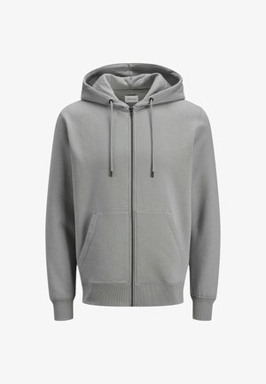 Svetlošedá mikina na zips vyrobená z jemného materiálu, s kapucňou na šnúrku a dvoma prednými vreckami, s rebrovými manžetami a spodným lemom.