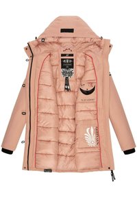 Roze geïsoleerde jas met gewatteerde voering, zwarte accenten, logo-details en een capuchon. Voorzien van een ritssluiting aan de voorkant en binnenzakken.