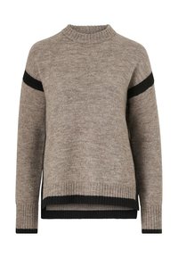 Pull en tricot beige avec un col rond, présentant des rayures noires sur les épaules et un ourlet et des poignets côtelés noirs contrastants.