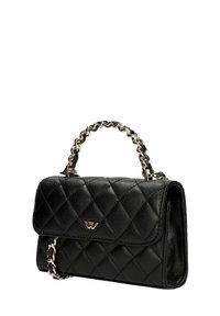 Sac à main en cuir matelassé noir avec une bandoulière chaîne dorée, présentant une forme rectangulaire et une fermeture à rabat magnétique. Détail du logo à l'avant.