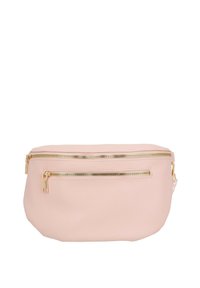 Borsa in finta pelle rosa con due scomparti con zip dorate, fondo arrotondato e superficie testurizzata. Cinghia regolabile attaccata.