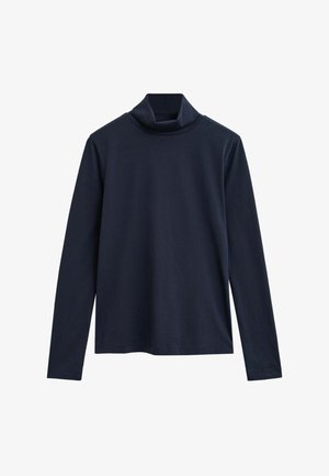 Marineblaues langärmliges Rollkragenshirt mit lockerem Kragen und glattem, schlichtem Stoff.