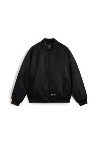 Black bomber jacket with a front zipper, ribbed cuffs, and collar. Features side pockets and a zippered arm pocket. Smooth texture.