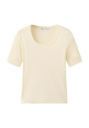 Short-sleeve, cream-colored ribbed knit top with a round neckline and a fitted silhouette.