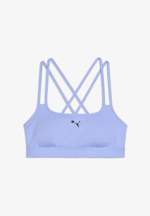 Šviesiai violetinė sportinė liemenėlė su lygiu audiniu, juodos spalvos logotipu ir sukryžiuotomis petnešėlėmis nugaroje, suteikiančiomis palaikymą ir stilių.