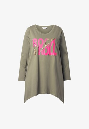 Olive green long-sleeve tunic shirt with a rounded neckline; features bold pink text “ROCK & ROLL” with leopard print accents.
