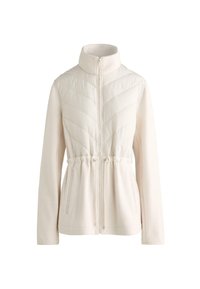 Jachetă ușoară din cremă, cu fermoar, guler înalt, partea superioară cu matlasare în formă de zigzag, talie ajustabilă cu șnur și buzunare laterale.