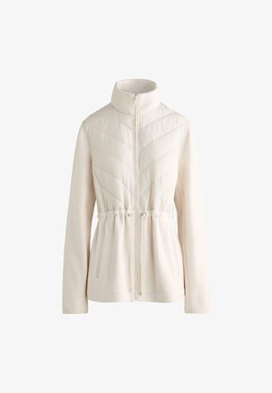 Lichte cream kleurige jas met ritssluiting, hoge kraag, chevron-gequilt bovenstuk, verstelbare trekkoord in de taille en zijzakken.