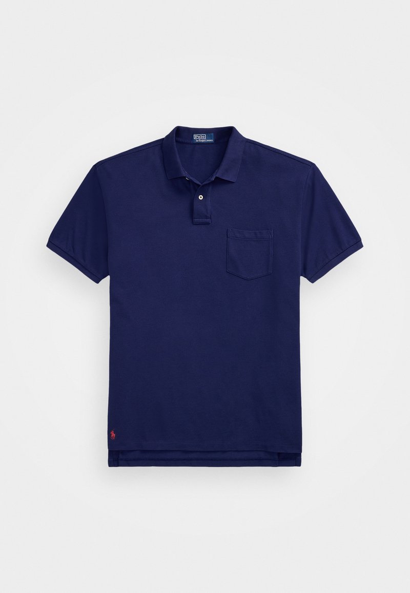 Navy blue polo shirt made of cotton, featuring a collar, two-button placket, single chest pocket, and small embroidered logo on hem.