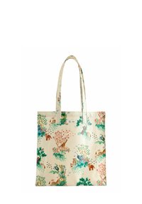 Sac fourre-tout en tissu crème avec des motifs d'animaux de la forêt verts et multicolores, doté de longues poignées et d'une forme rectangulaire structurée.