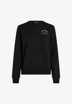 Zwarte lange mouwen crewneck sweatshirt met witte tekst "KARL LAGERFELD PARIS 21 RUE ST-GUILLAUME" op de bovenste linkerkant van de borst.