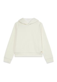 Sweat à capuche court couleur crème avec un motif texturé, doté d'une capuche, de manches longues et d'un petit logo doré sur l'ourlet avant.