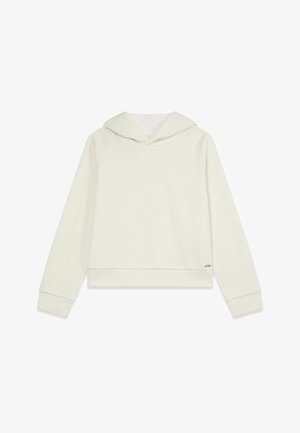 Cream-colored cropped hoodie with a textured pattern, featuring a hood, long sleeves, and a small gold logo on the front hem.
