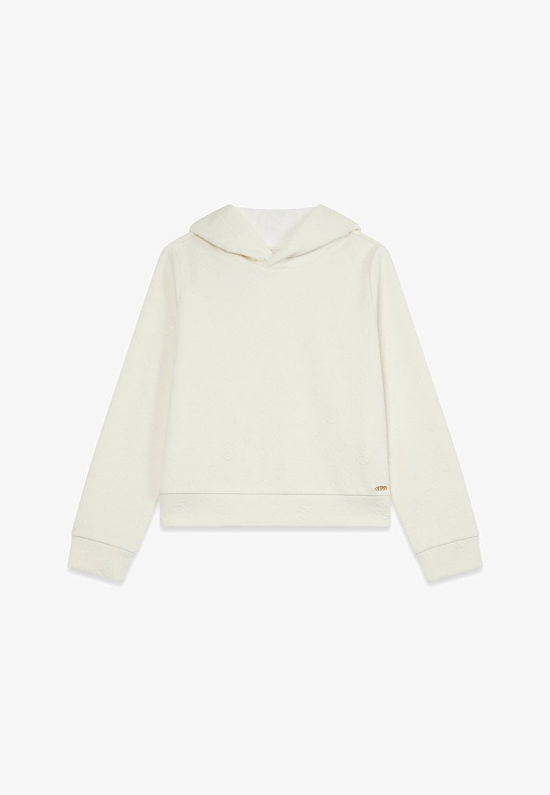 Sweat à capuche court couleur crème avec un motif texturé, doté d'une capuche, de manches longues et d'un petit logo doré sur l'ourlet avant.