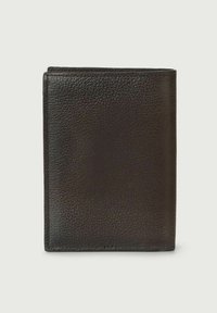 Portafoglio in pelle nera con superficie testurizzata, design pieghevole a libro, e cuciture lungo i bordi. Forma rettangolare compatta. Nessun hardware visibile.