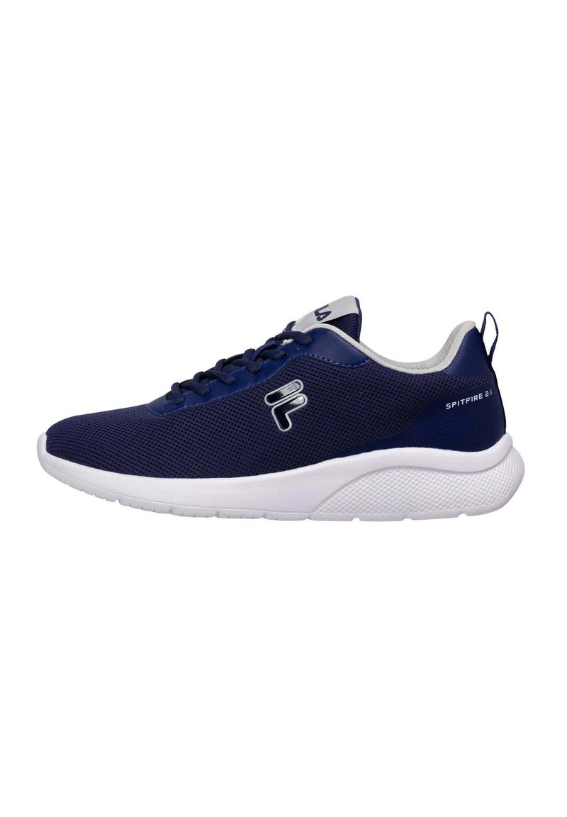 Scarpe da ginnastica blu navy con tomaia in rete, suola bianca e lacci neri. Presentano un logo sul lato e una linguetta imbottita per il comfort.