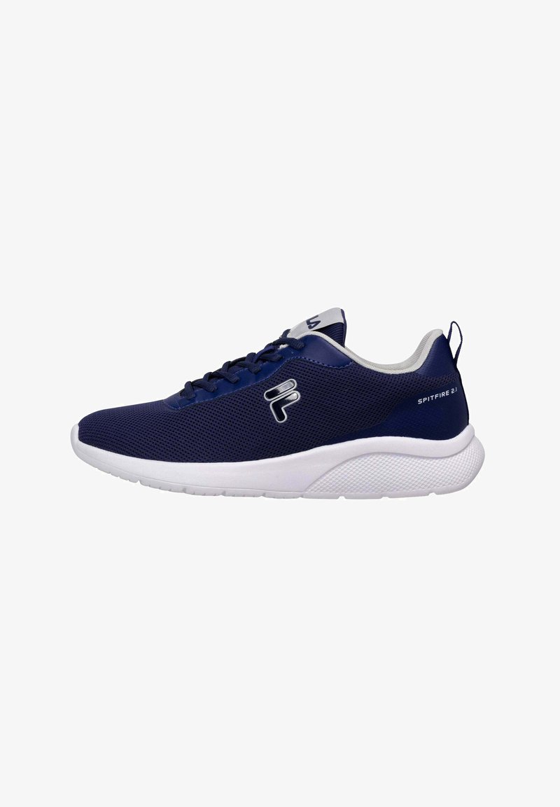 Scarpe da ginnastica blu navy con tomaia in rete, suola bianca e lacci neri. Presentano un logo sul lato e una linguetta imbottita per il comfort.