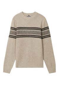 Jersey de color beige de punto con mangas largas, cuello redondo y franjas horizontales negras con patrón. Textura suave con puños y dobladillo acanalados.