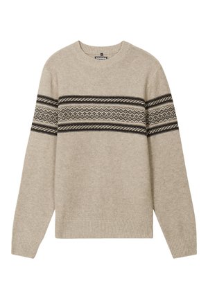 Beige gestrickter Pullover mit langen Ärmeln, rundem Halsausschnitt und schwarz gemusterten horizontalen Streifen. Weiches Material mit gerippten Bündchen und Saum.