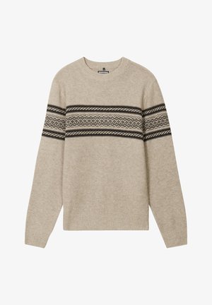 Beige gestrickter Pullover mit langen Ärmeln, rundem Halsausschnitt und schwarz gemusterten horizontalen Streifen. Weiches Material mit gerippten Bündchen und Saum.