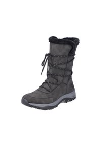 Bota de ante gris con un cuello de piel sintética, cierre de cordones y suela de goma texturizada para mayor tracción. Altura a media pantorrilla y puntera redondeada.
