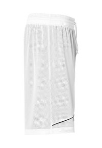 Shorts de sport en mesh blanc avec une taille élastique, des poches latérales et une bordure diagonale noire près de l'ourlet sur un fond uni.