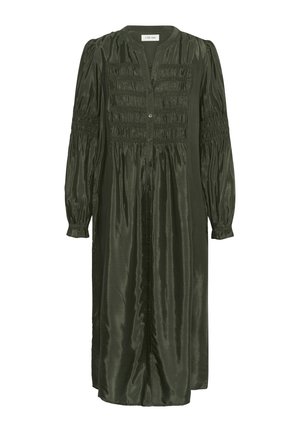 Robe longue à manches longues de couleur vert foncé, avec une boutonnière à l'avant, des détails smockés sur le corsage et les manches, texture douce et satinée, longueur midi.