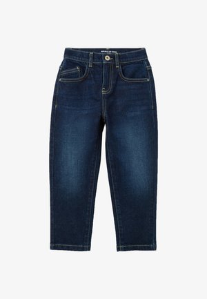 Jean en denim bleu foncé à coupe slim, cinq poches, coutures orange, et fermeture à bouton métallique à l'avant.