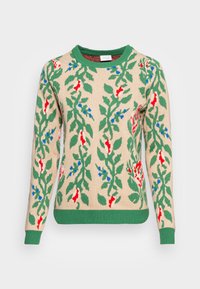 Pull en maille beige avec col et poignets côtelés verts. Présente un motif floral rouge et bleu, une forme allongée et un tissu texturé.