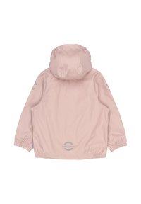 Šviesiai rožinė striukė su gaubtu, elastinėmis rankogaliais ir logotipu. Pagaminta iš lygaus audinio su atspindinčiais elementais ant abiejų rankovių.