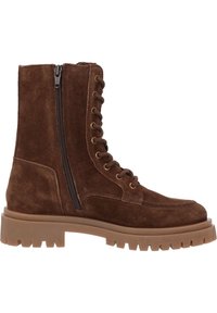 Botas de tobillo de ante marrón con cremallera lateral, punta redonda y suela de goma texturizada y resistente. Cuenta con ojales de metal y diseño de cordones.