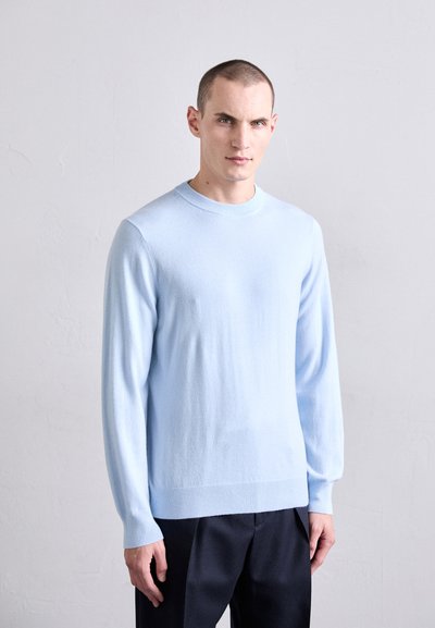 Pull en tricot bleu clair avec des manches longues et un col rond ; texture lisse, silhouette ajustée, associé à un pantalon sombre.