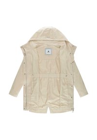 Giacca beige leggera con cappuccio, dotata di zip frontale, coulisse in vita e fodera interna liscia. Include bottoni a pressione e tasche.