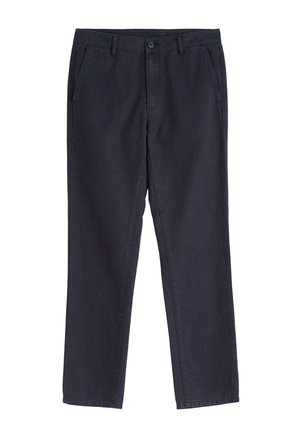 Pantalons bleu marine foncé en tissu lisse, dotés d'une fermeture à bouton, de passants de ceinture et de poches latérales ; design à jambe droite sans motifs visibles.