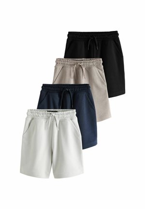 Cztery pary casualowych szortów z elastycznym pasem i troczkami w kolorach białym, granatowym, beżowym i czarnym, ułożone pionowo w stos.