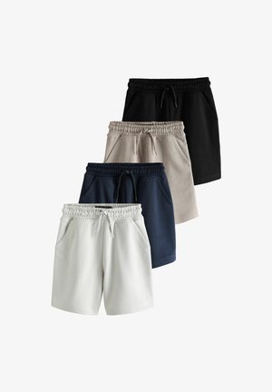 Négy pár alkalmi, elasztikus derekú rövidnadrág húzózsinórokkal, fehér, tengerészkék, bézs és fekete színekben, függőlegesen egymásra rakva.