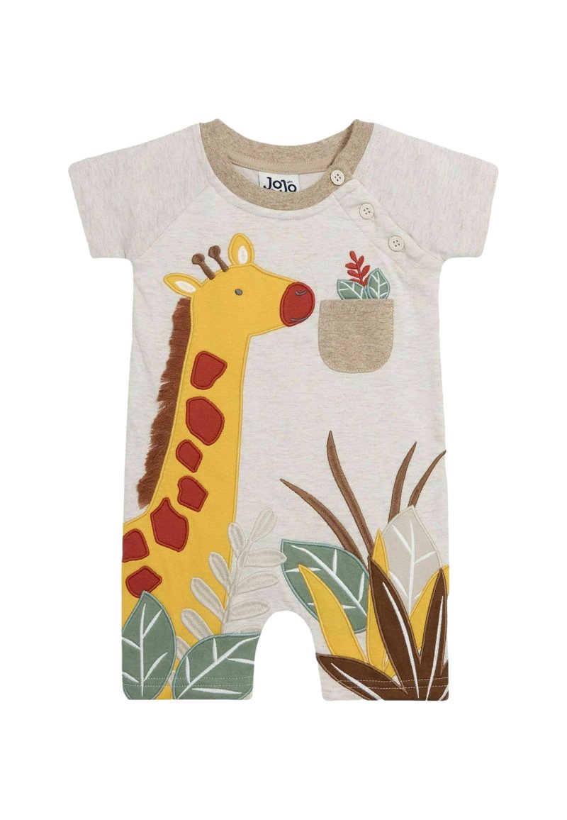 Combinaison à manches courtes en coton beige avec un design de girafe jaune agrémenté d'accents rouges, une poche avec des feuilles et des tons terreux.