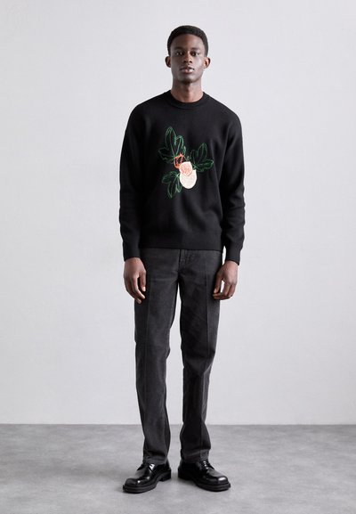 Un jeune homme debout portant un pull noir avec une broderie florale verte et orange, un pantalon gris foncé et des chaussures en cuir noires, devant un mur uni.