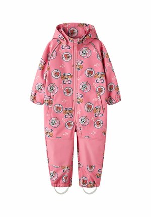 Combinaison rose à capuche pour enfants avec des visages d’animaux de dessin animé, des cœurs, une fermeture éclair à l’avant et des poignets élastiques avec des boucles pour les pieds.