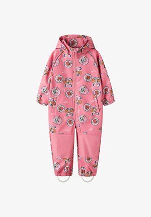 Combinaison rose à capuche pour enfants avec des visages d’animaux de dessin animé, des cœurs, une fermeture éclair à l’avant et des poignets élastiques avec des boucles pour les pieds.
