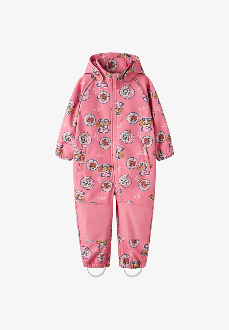 Combinaison rose à capuche pour enfants avec des visages d’animaux de dessin animé, des cœurs, une fermeture éclair à l’avant et des poignets élastiques avec des boucles pour les pieds.