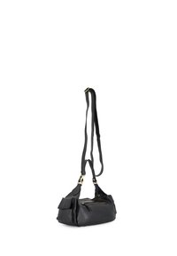 Black leather shoulder bag with adjustable strap, front zip pocket, and side flap pockets on a white background.