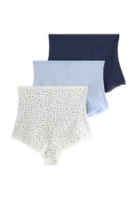 Trois culottes taille haute pour femme en bleu marine, bleu clair et blanc avec un petit imprimé floral bleu, toutes avec un bord en dentelle aux ouvertures des jambes.