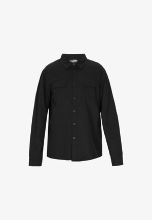 Schwarze Langarmbluse aus Baumwolle mit zwei Brusttaschen, spitzem Kragen und geradem Schnitt. Minimalistisches Design.