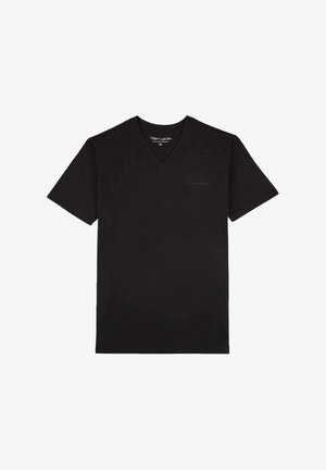 T-shirt noir à manches courtes avec col en V, arborant un petit logo "Teddy Smith" sur la poitrine et à l'intérieur de l'encolure.